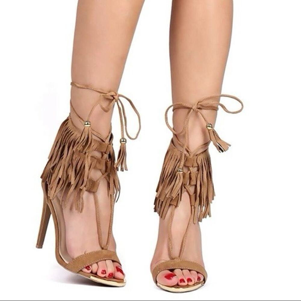 Womens Sz 7 Fringe Heels Ankle Wrap Open Toe Tan Zip Closure Platform Dressy